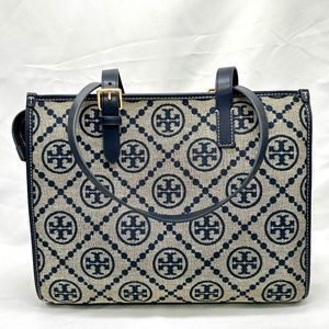 [SOLD] Tory Burch Small T Monogram Navy Tote Bag
